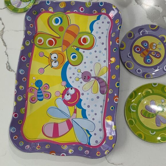 Schylling | Vintage 15 pc Girls Pretend Metal Tea Set Teapot Tray Saucer Cups - Picture 5 of 13